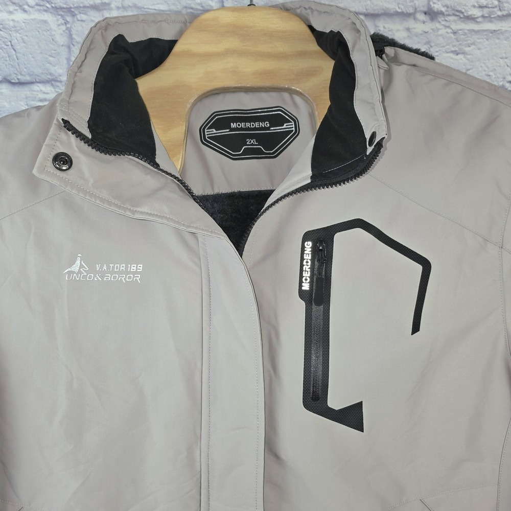 MOERDENG Men Beige Waterproof Hooded Ski Jacket Fleece Lined Winter Coat Sz 2XL‎